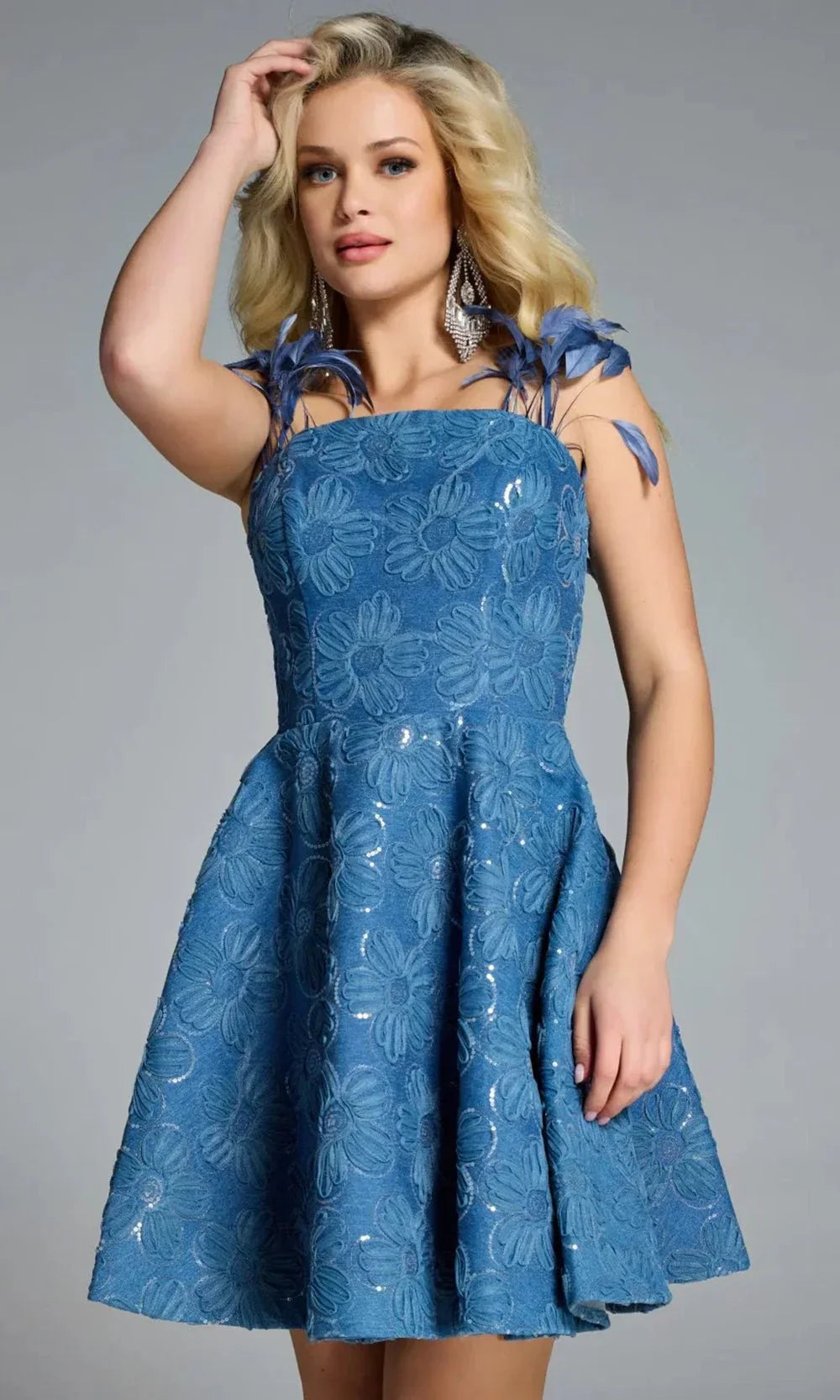 Jovani 44461 - Floral A-line Dress with Feathers
