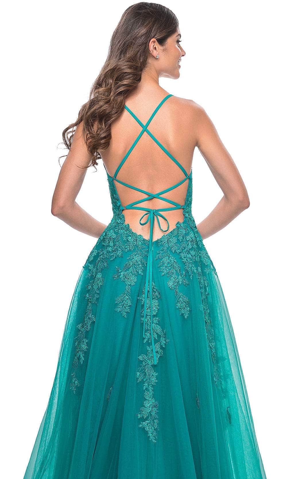 La Femme 32062 - Plunging Lace Applique Prom Gown