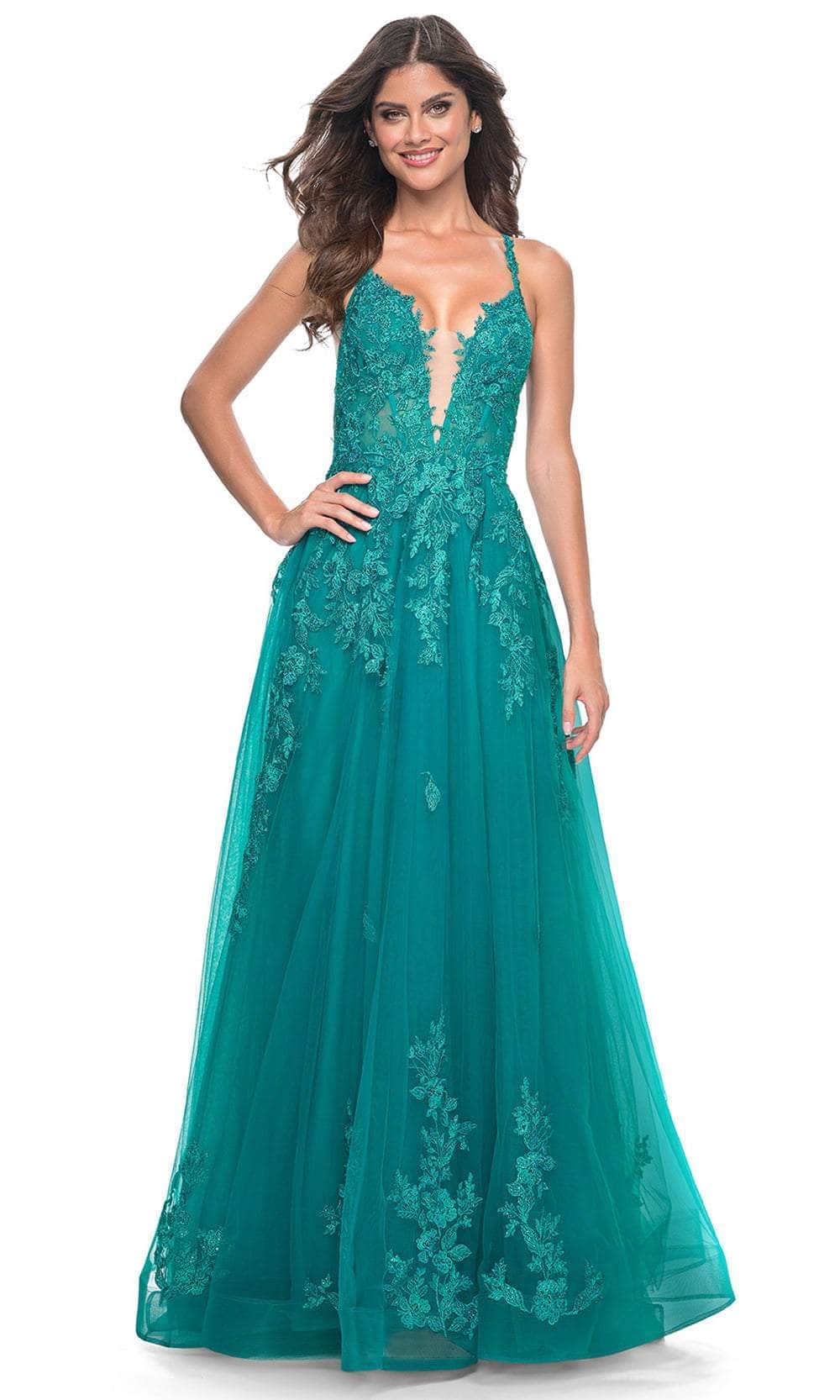 La Femme 32062 - Plunging Lace Applique Prom Gown