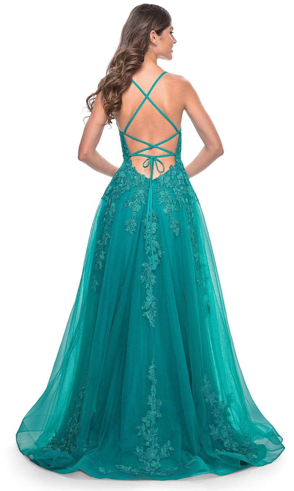 La Femme 32062 - Plunging Lace Applique Prom Gown
