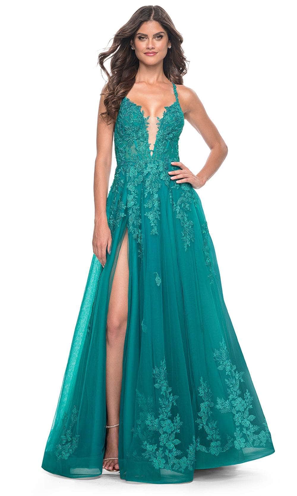 La Femme 32062 - Plunging Lace Applique Prom Gown Prom Dresses 0 / Teal