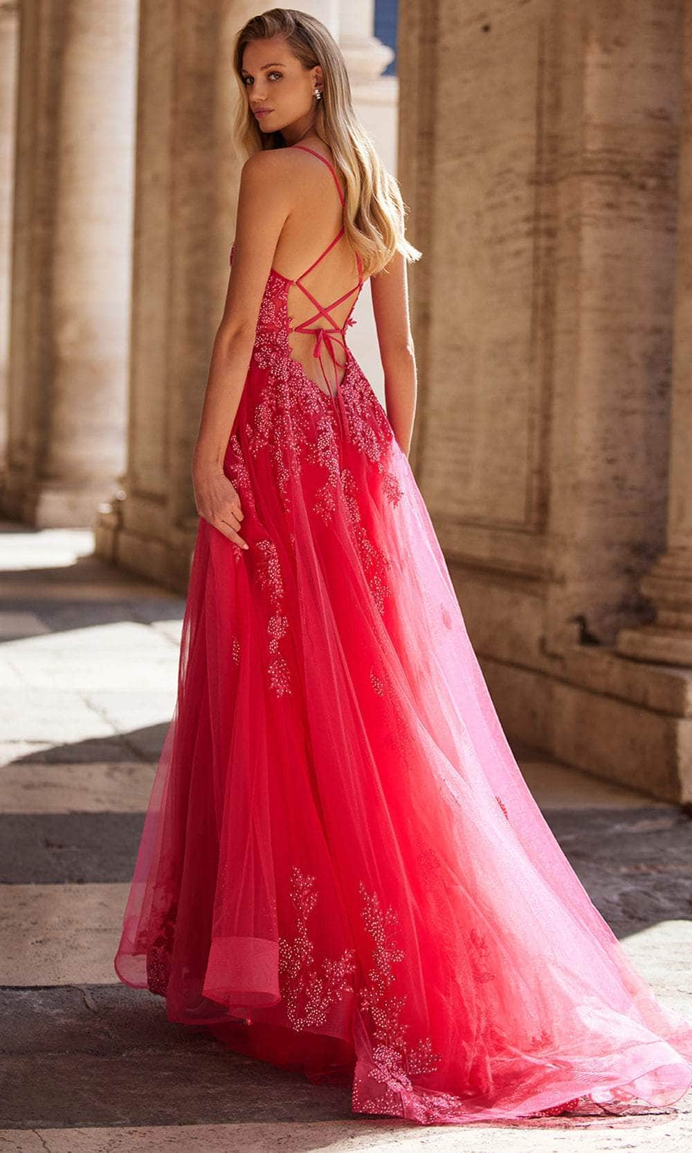 La Femme 32062 - Plunging Lace Applique Prom Gown