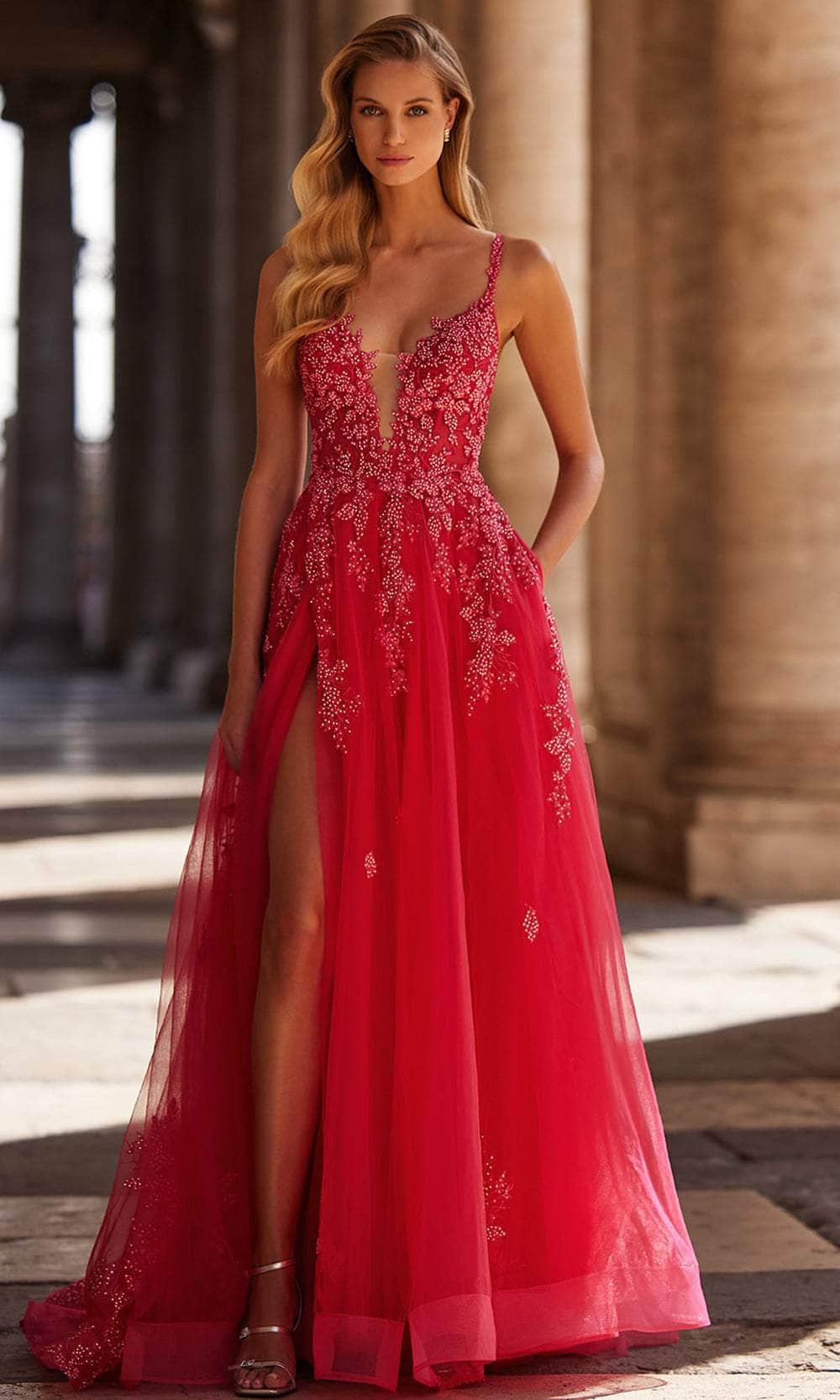 La Femme 32062 - Plunging Lace Applique Prom Gown