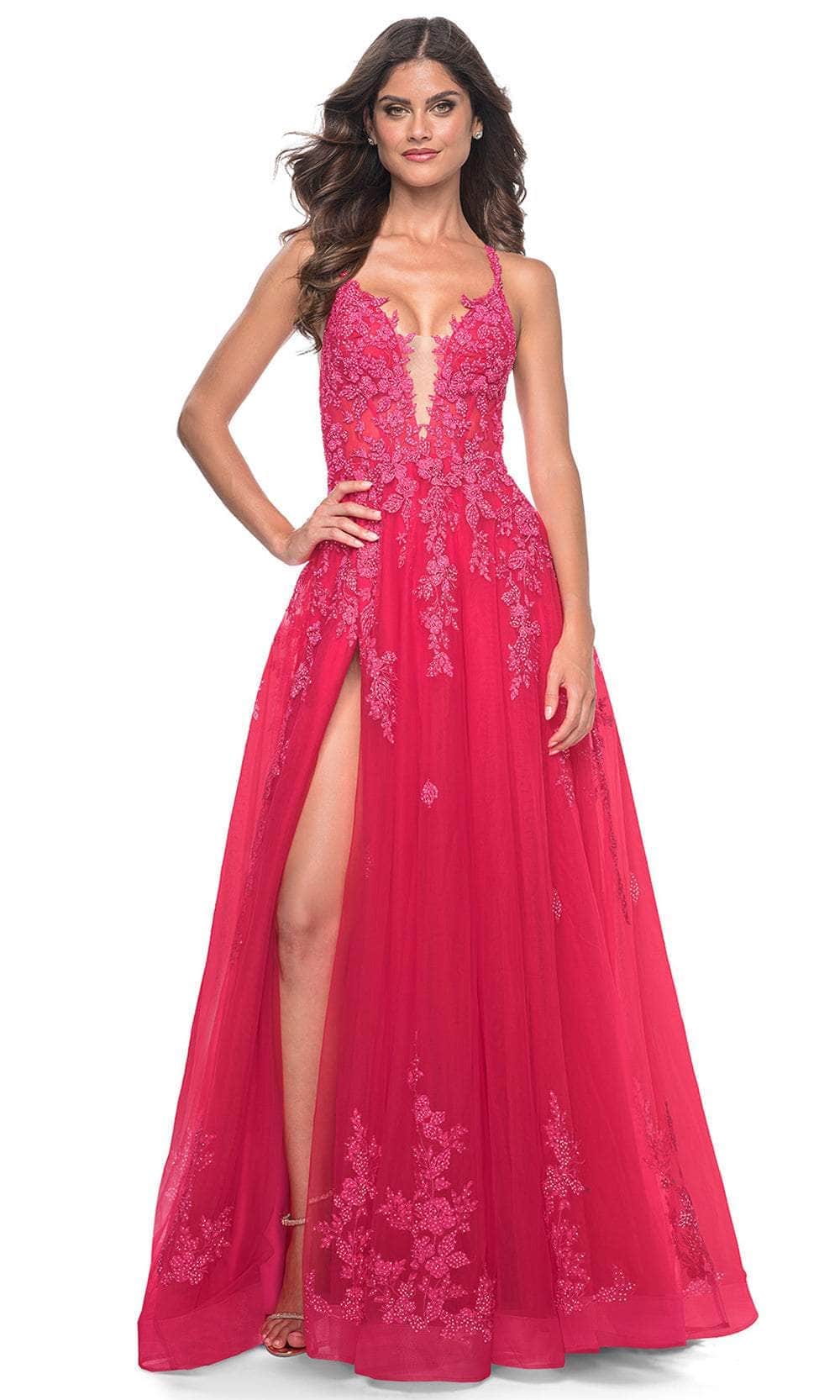 La Femme 32062 - Plunging Lace Applique Prom Gown