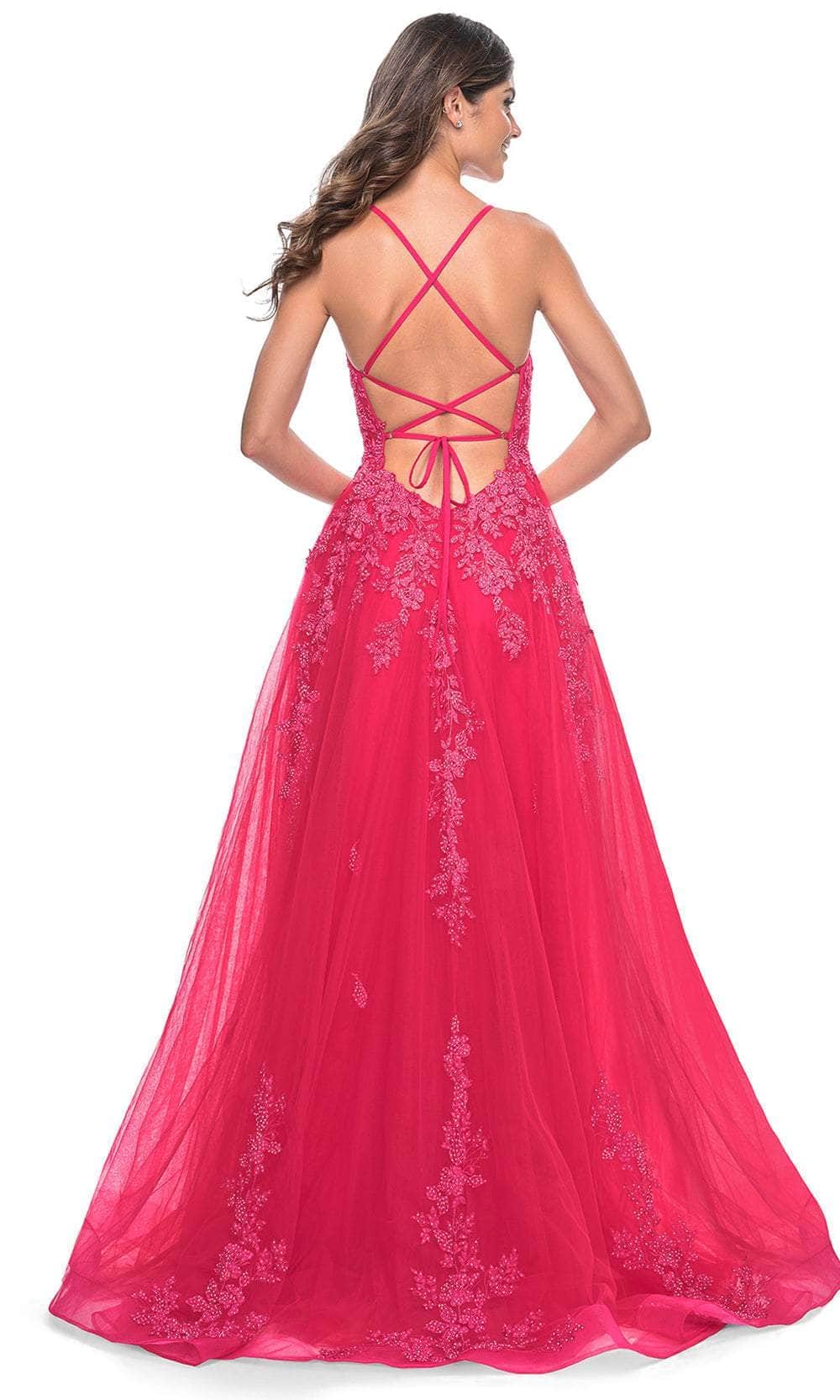 La Femme 32062 - Plunging Lace Applique Prom Gown