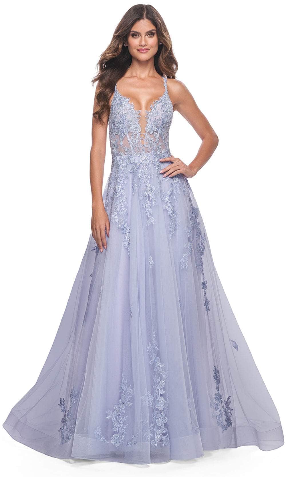 La Femme 32062 - Plunging Lace Applique Prom Gown