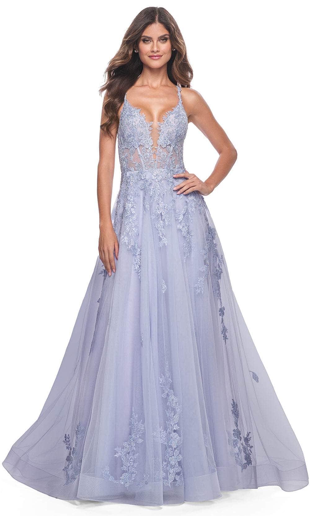 La Femme 32062 - Plunging Lace Applique Prom Gown