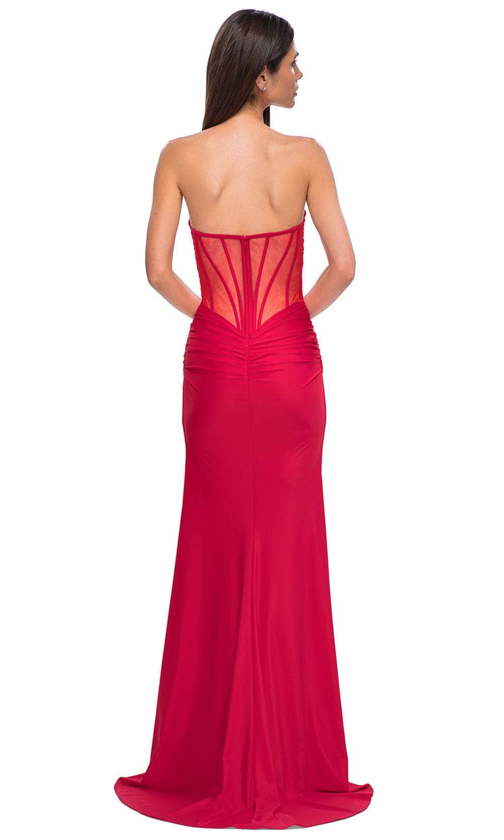 La Femme 32923 - Sheer Corset Back Ruched Ornate Prom Gown