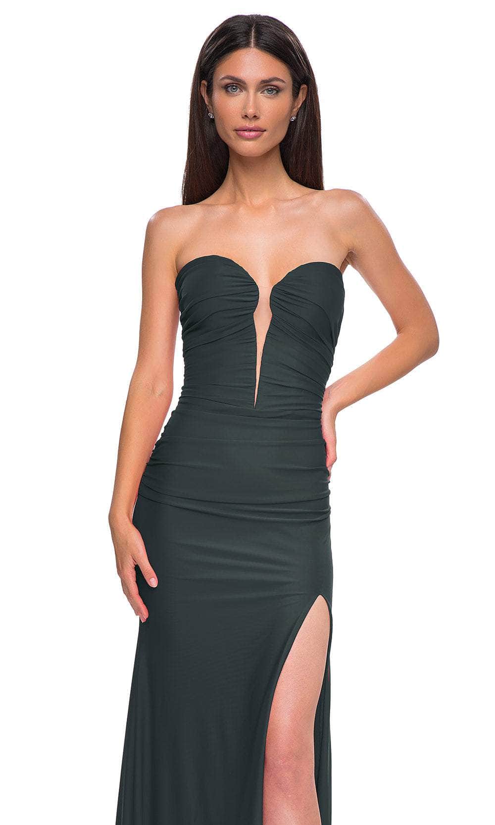 La Femme 32923 - Sheer Corset Back Ruched Ornate Prom Gown
