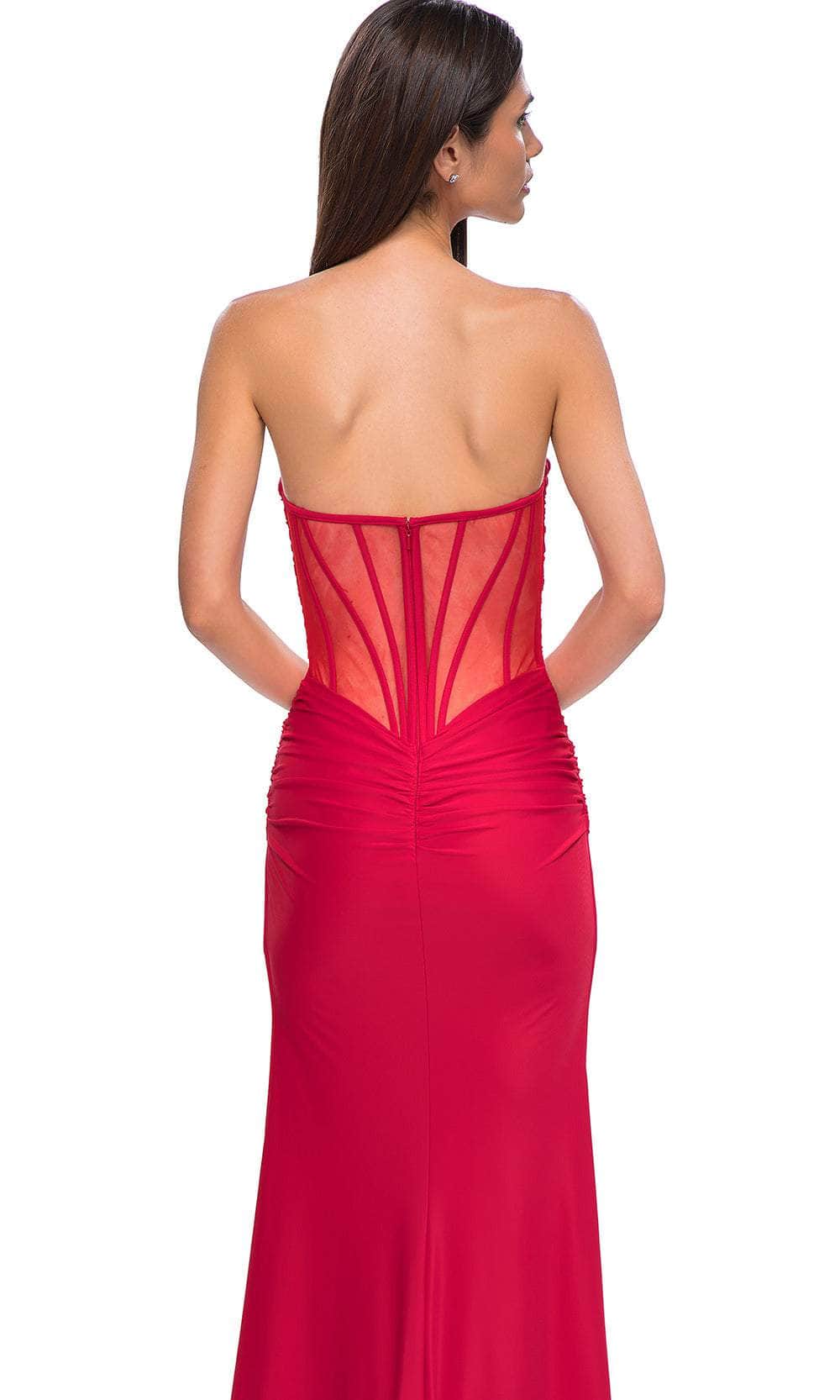 La Femme 32923 - Sheer Corset Back Ruched Ornate Prom Gown