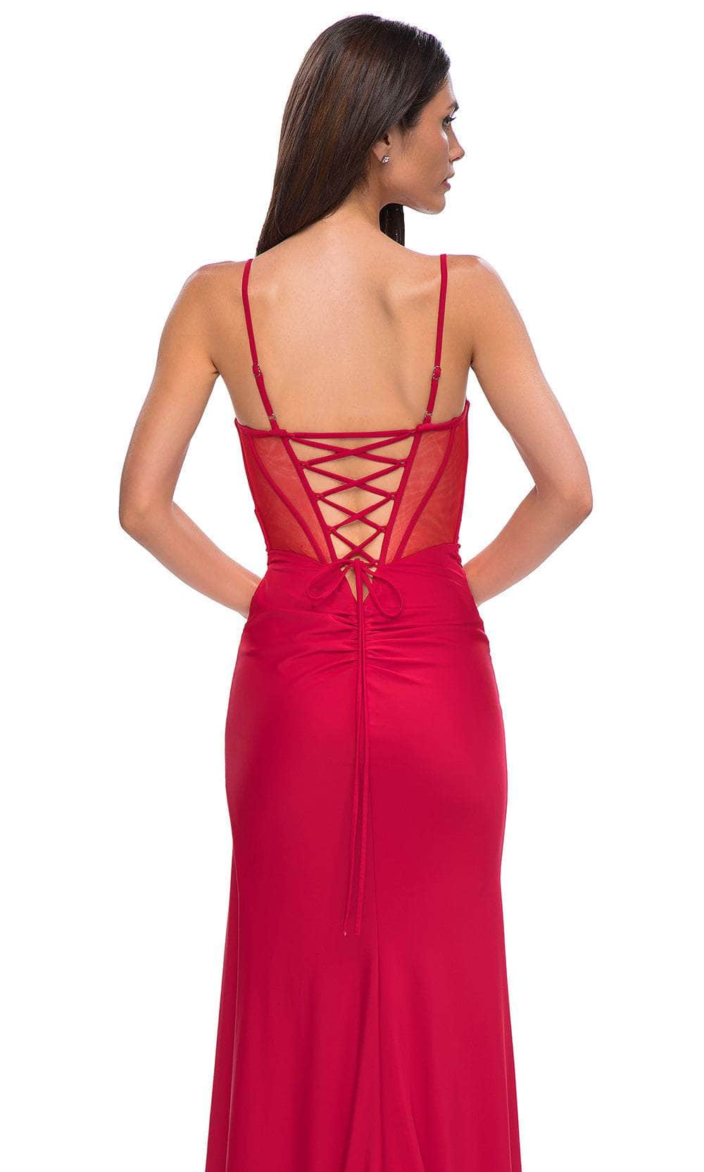 La Femme 32977 - Deep V-Neck Lace-Up Prom Gown
