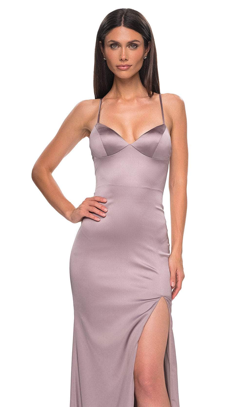 La Femme 33010 - V-Neck Fitted Satin Prom Gown