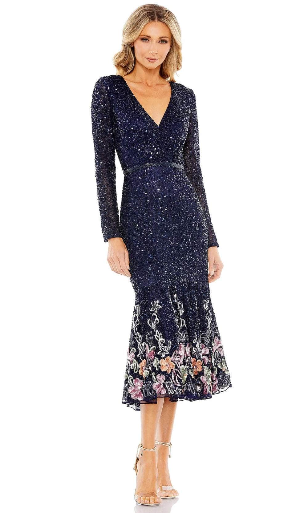 Mac Duggal A5589 - Long Sleeve Sequined Cocktail Dress Homecoming Dresses 2 / Midnight