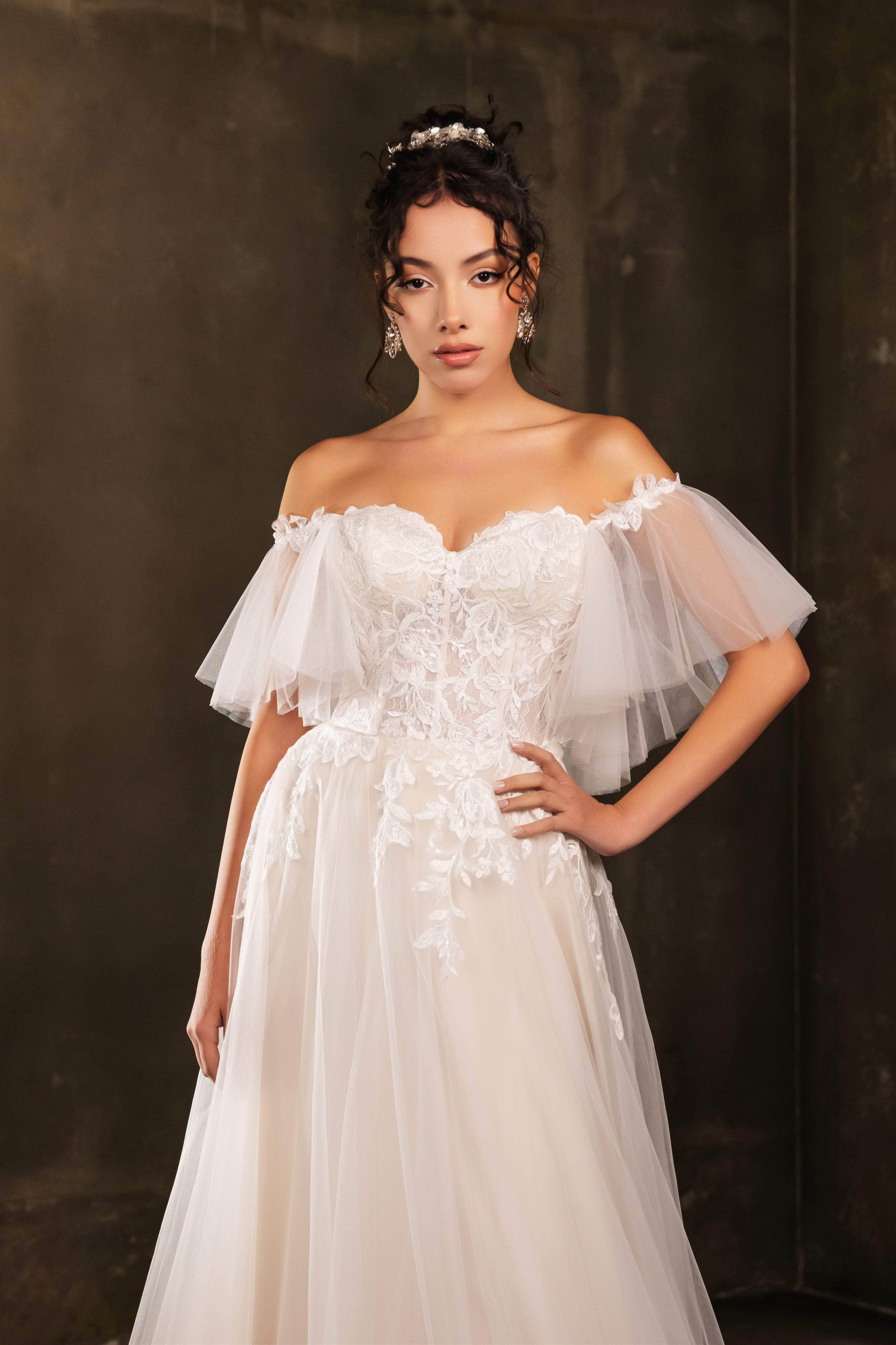 May Queen RQ8180 - Off Shoulder A-Line Applique Dress