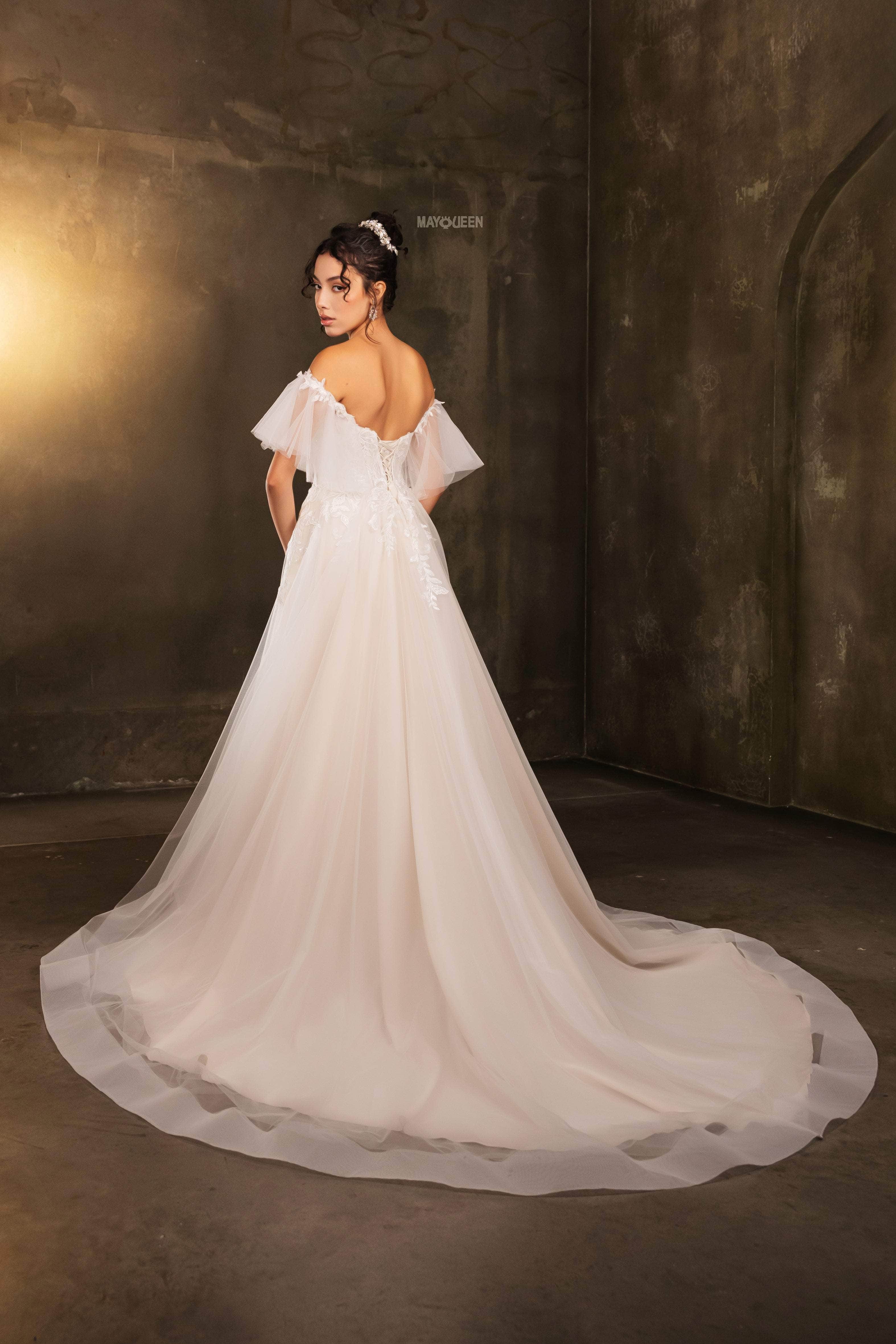 May Queen RQ8180 - Off Shoulder A-Line Applique Dress