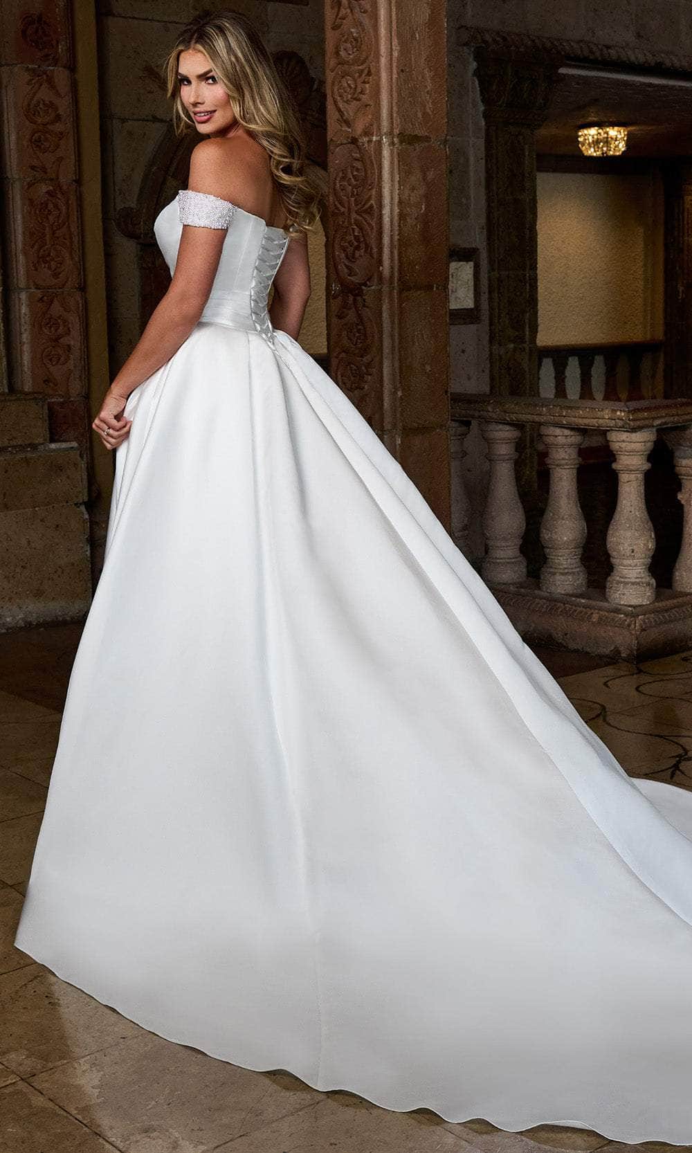 Rachel Allan RB2213 - Satin Off-Shoulder Wedding Gown