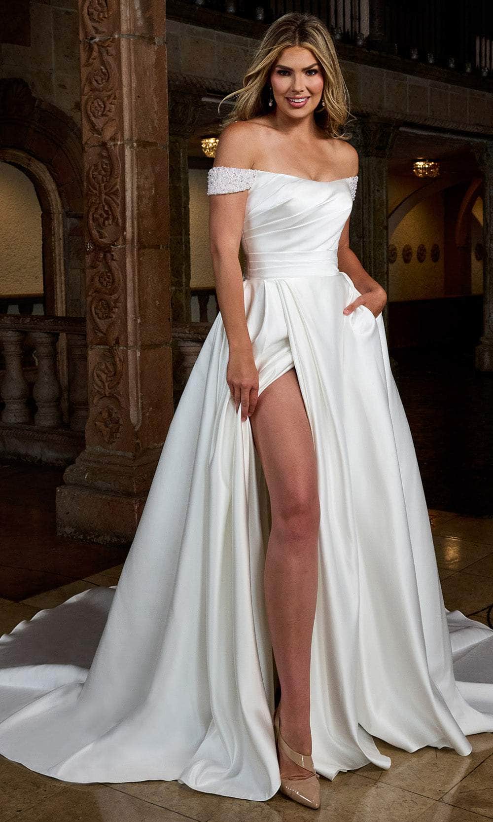 Rachel Allan RB2213 - Satin Off-Shoulder Wedding Gown
