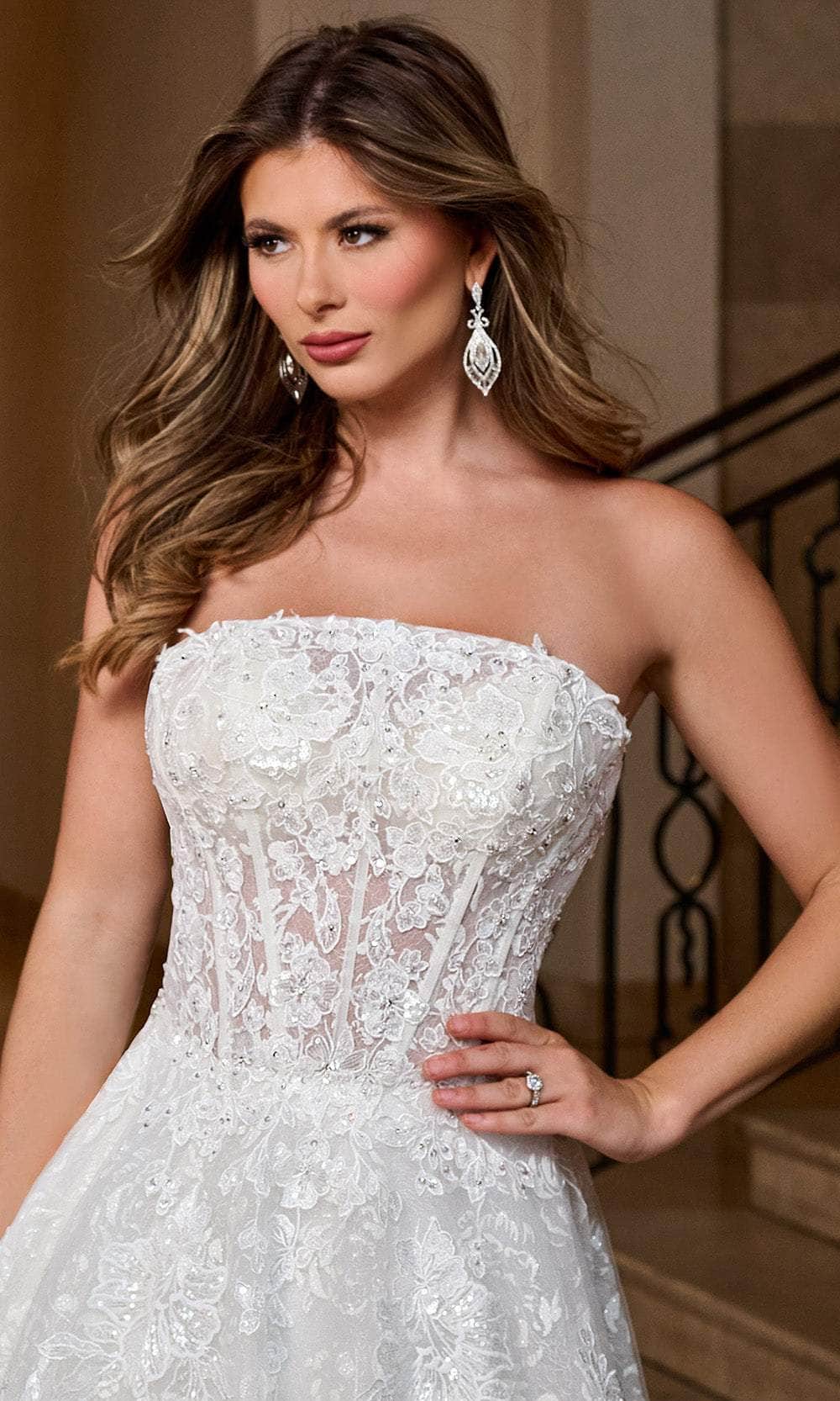 Rachel Allan RB5080 - Strapless A-Line Wedding Gown with Sheer Sleeves