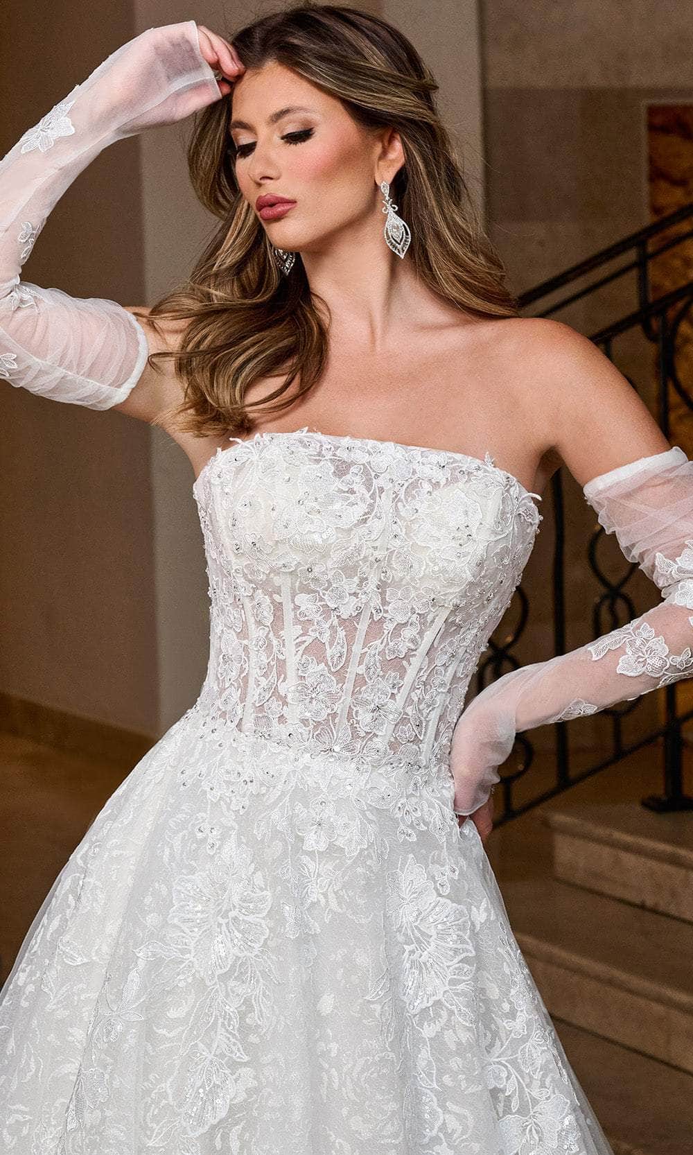 Rachel Allan RB5080 - Strapless A-Line Wedding Gown with Sheer Sleeves
