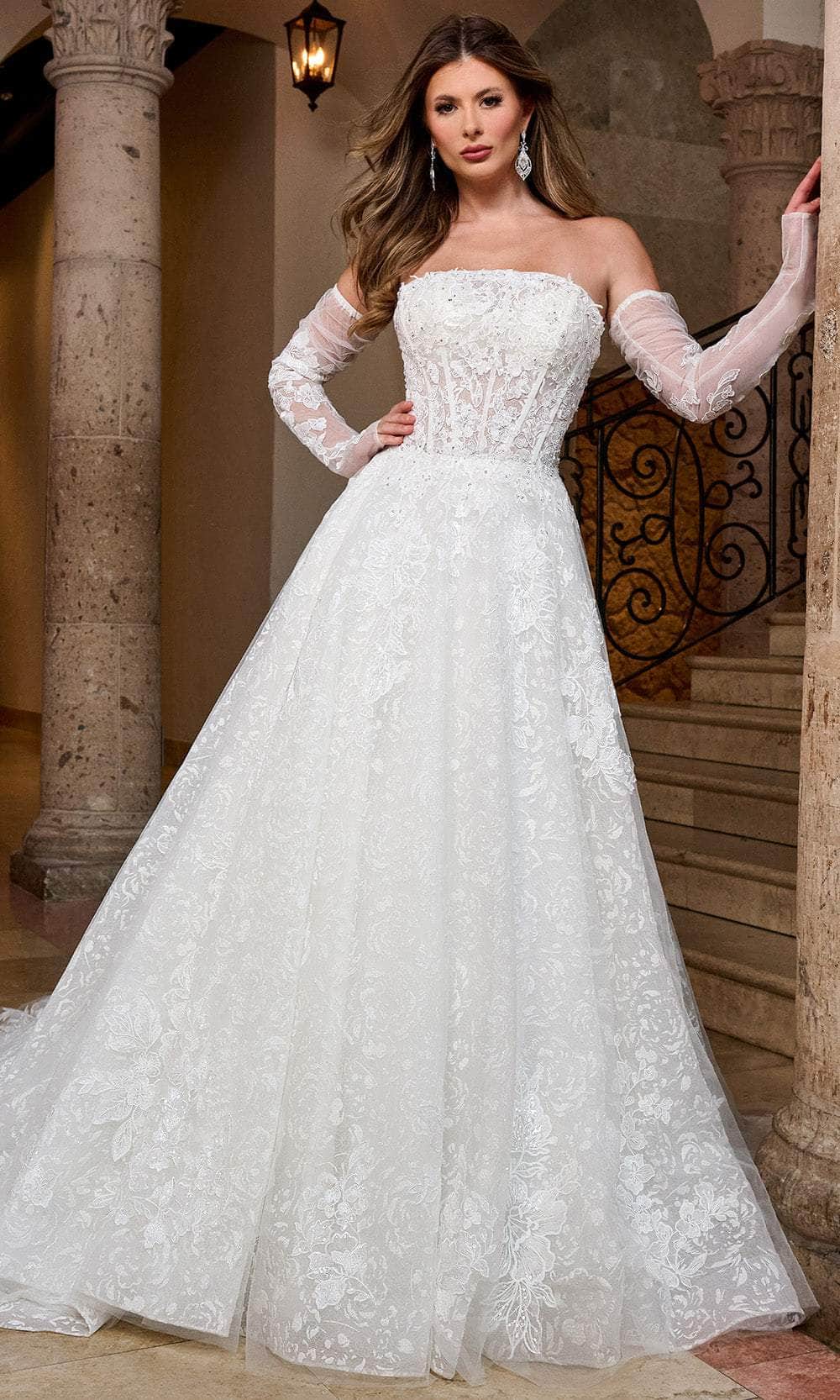 Rachel Allan RB5080 - Strapless A-Line Wedding Gown with Sheer Sleeves