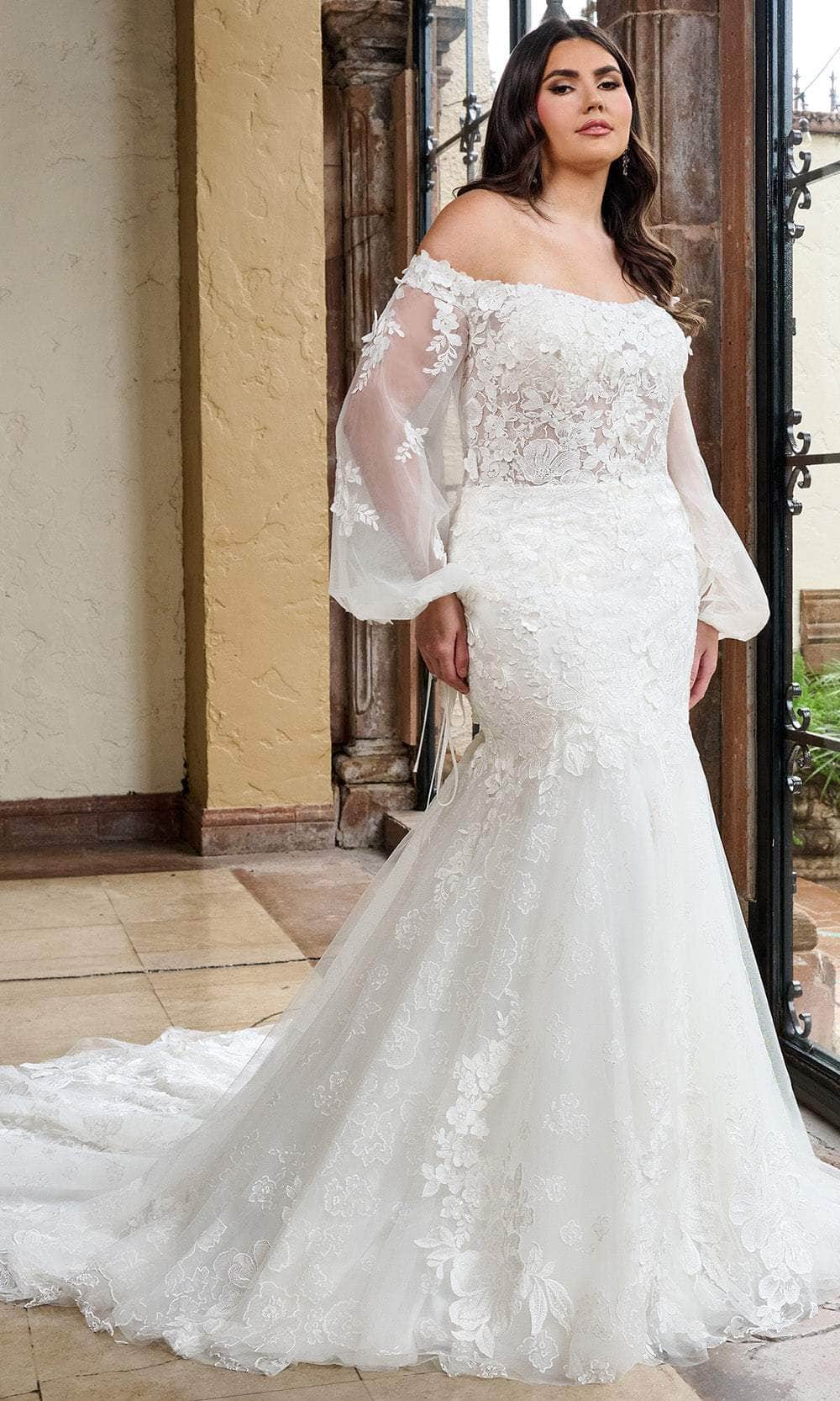 Rachel Allan RB5082 - Off-Shoulder Floral Lace Mermaid Gown