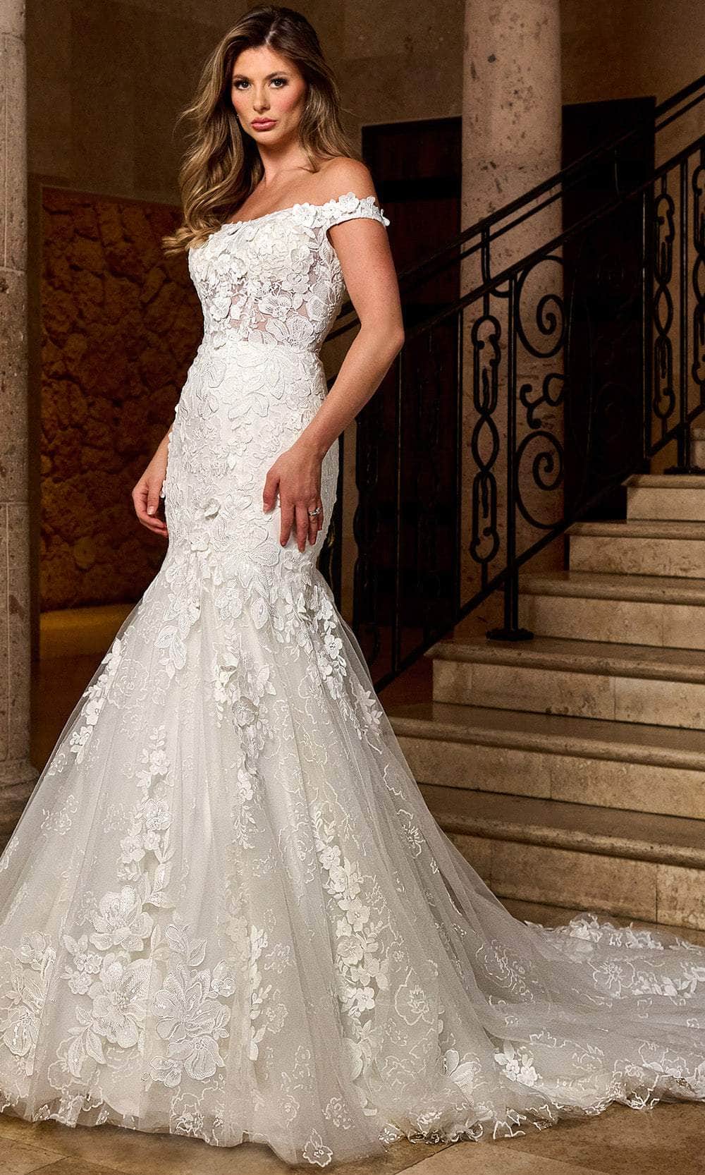 Rachel Allan RB5082 - Off-Shoulder Floral Lace Mermaid Gown