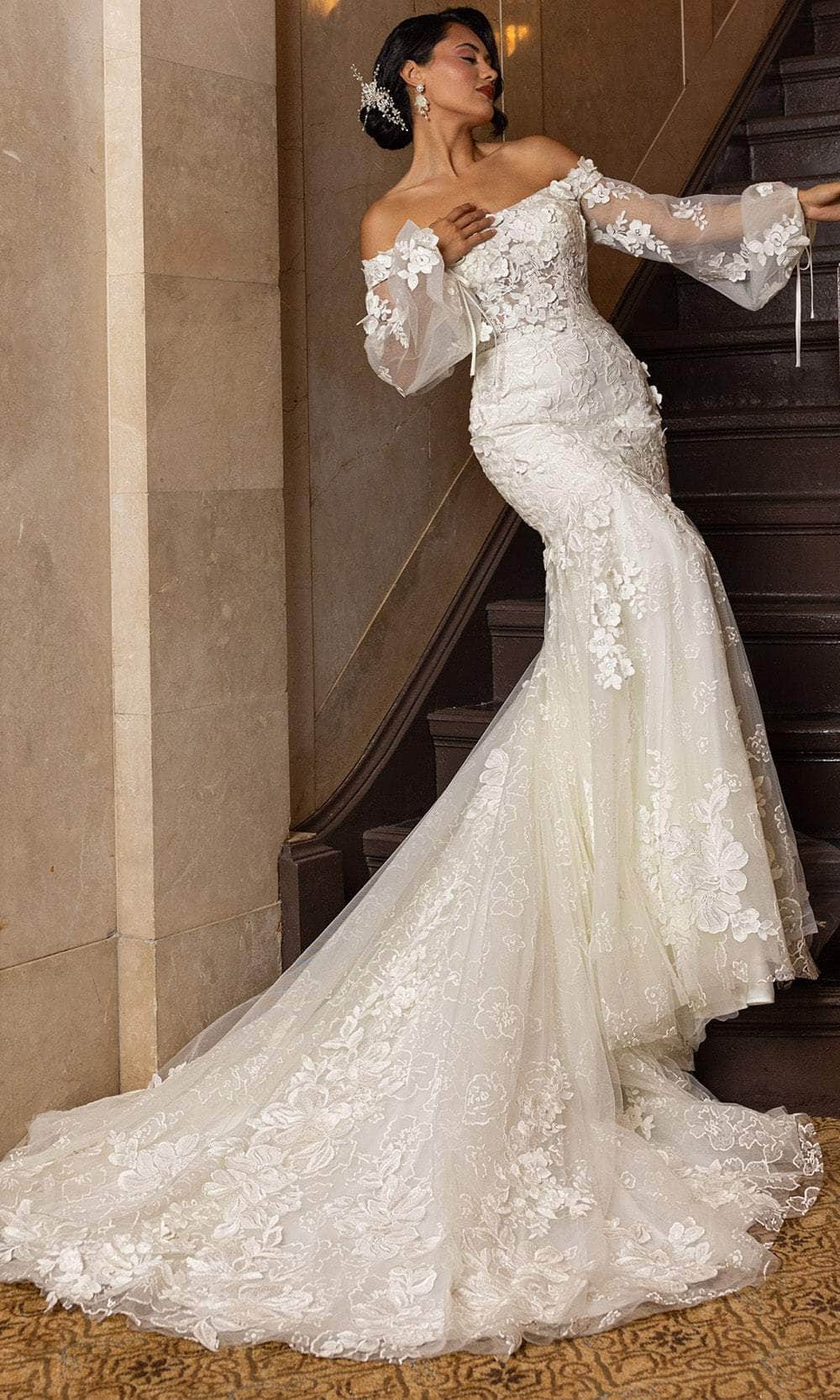 Rachel Allan RB5082 - Off-Shoulder Floral Lace Mermaid Gown