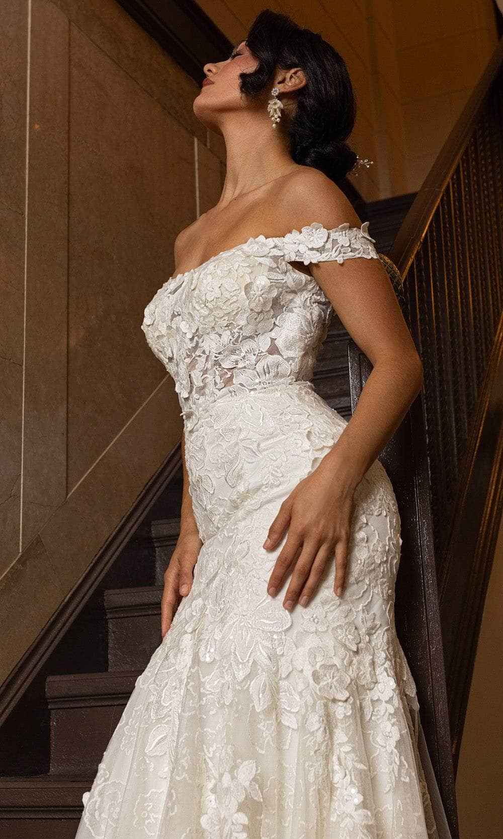 Rachel Allan RB5082 - Off-Shoulder Floral Lace Mermaid Gown
