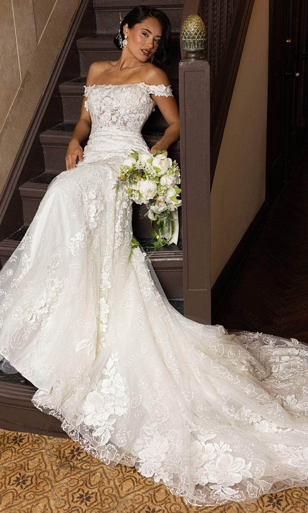Rachel Allan RB5082 - Off-Shoulder Floral Lace Mermaid Gown