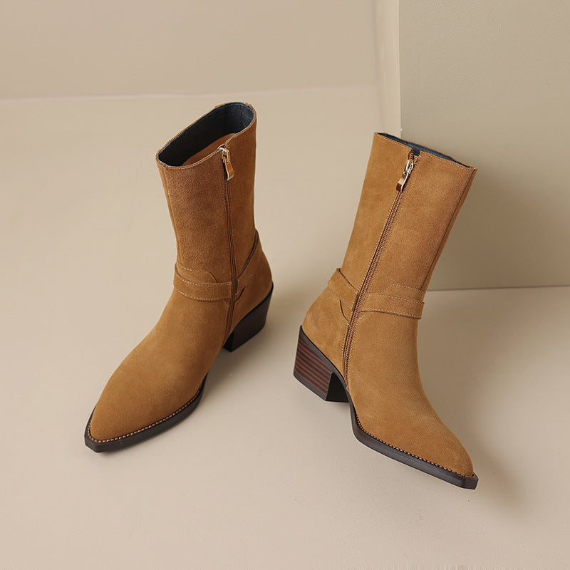 Womens Suede��Leather Mid Calf Boots 45mm Block Heel with Buckle Details In Black/Brown