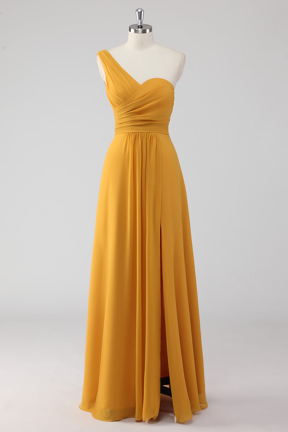 Yellow A Line One Shoulder Ruched Long Bridesmaid Dress with Slit
