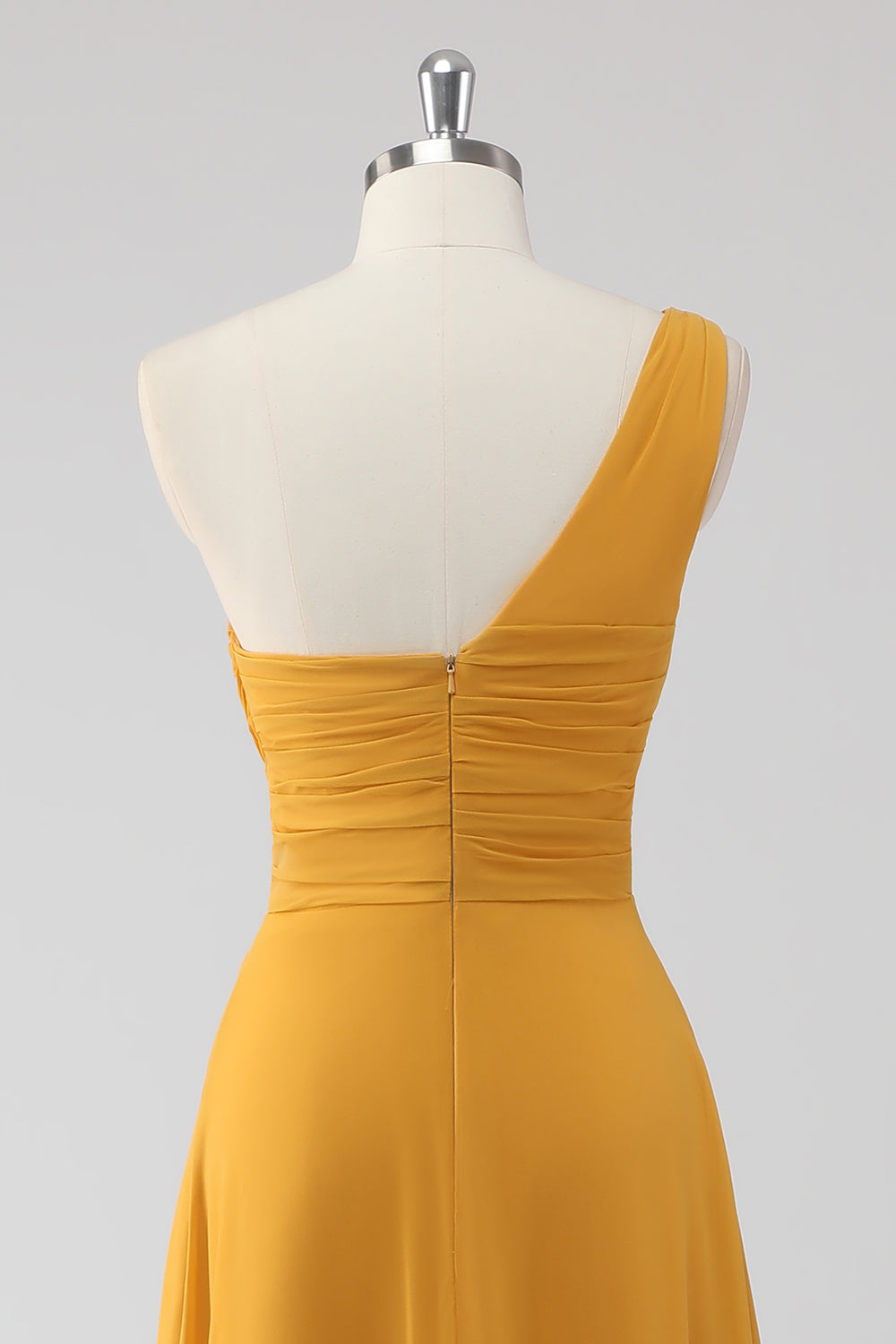 Yellow A Line One Shoulder Ruched Long Bridesmaid Dress with Slit