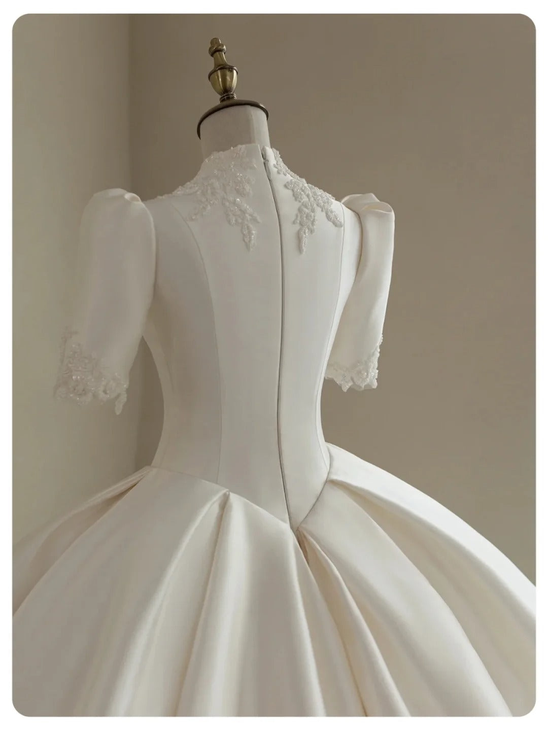 A Line White Deep V Neck Short Sleeves Satin Long Princess Wedding Dress    fg8172