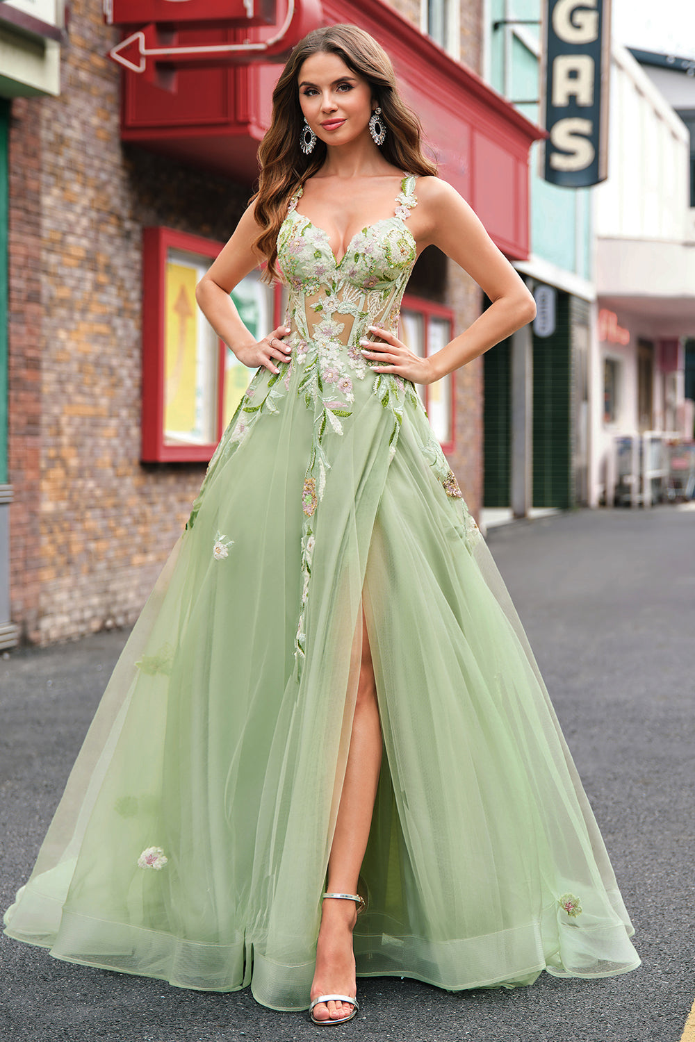 Green A Line Tulle Sequin Applique Corset Embroidered Long Prom Dress with Slit