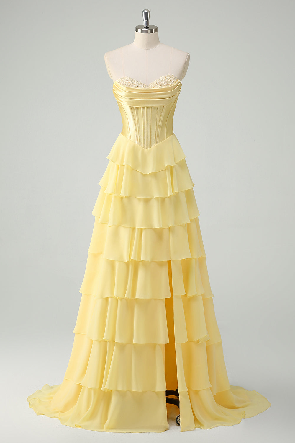 Yellow A Line Strapless Corset Tiered Long Prom Dress with Slit