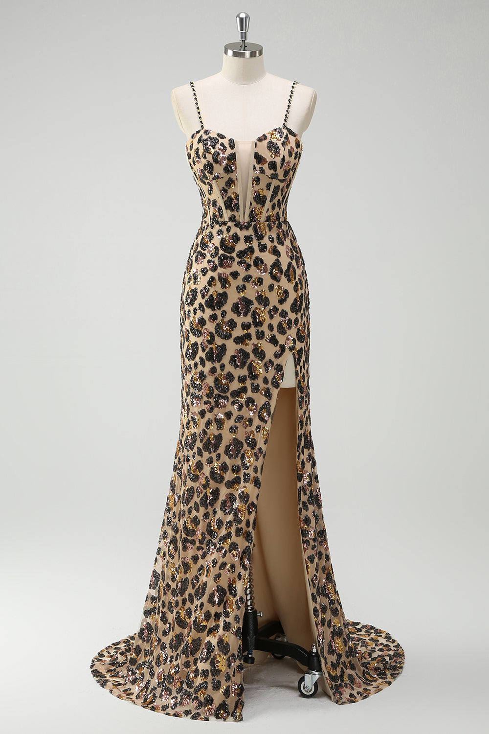 Khaki Leopard Sequins Mermaid Spaghetti Straps Long Corset Prom Dress with Slit