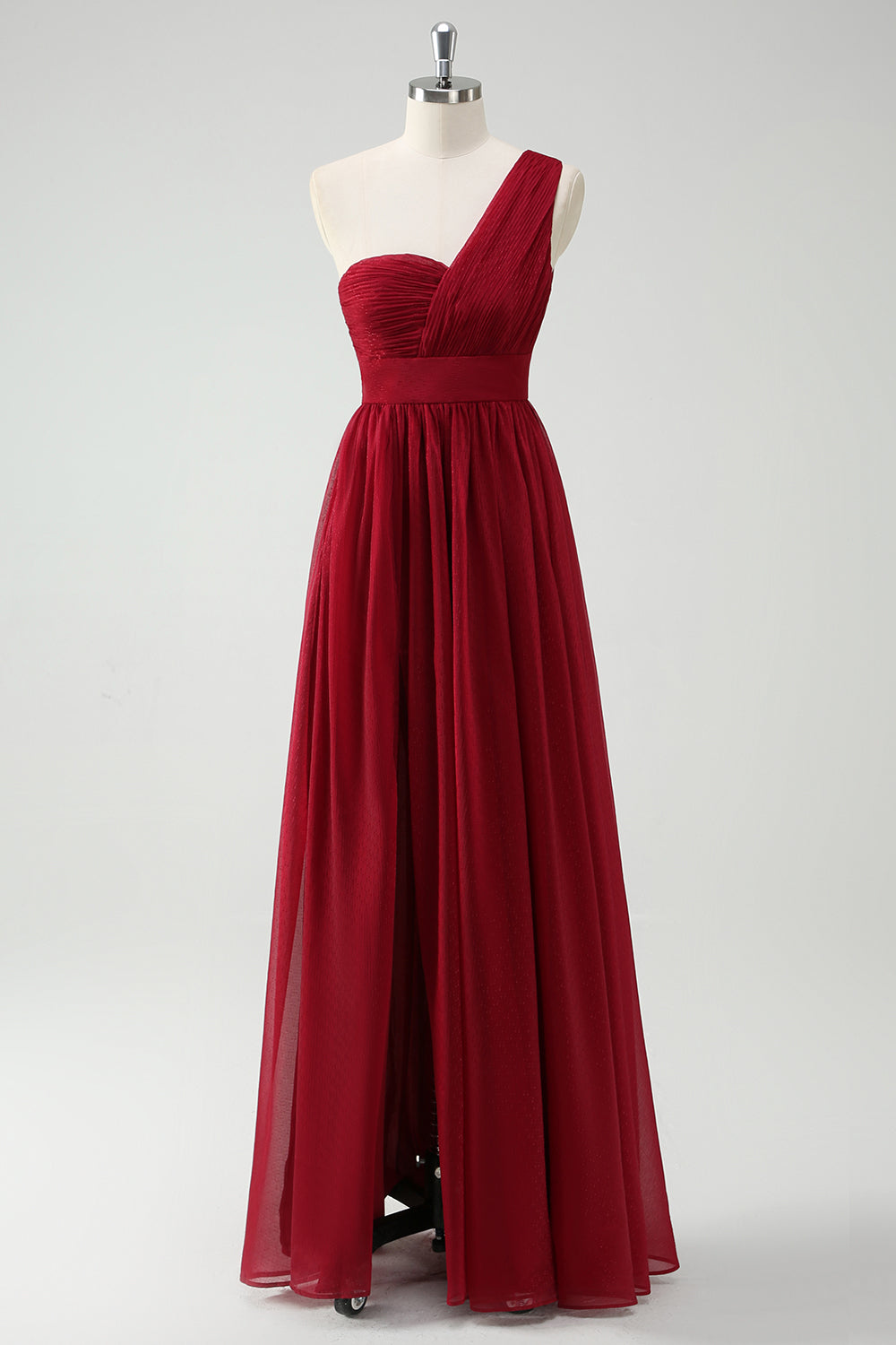 A-Line One Shoulder Ruched Burgundy Long Prom Dress with Slit