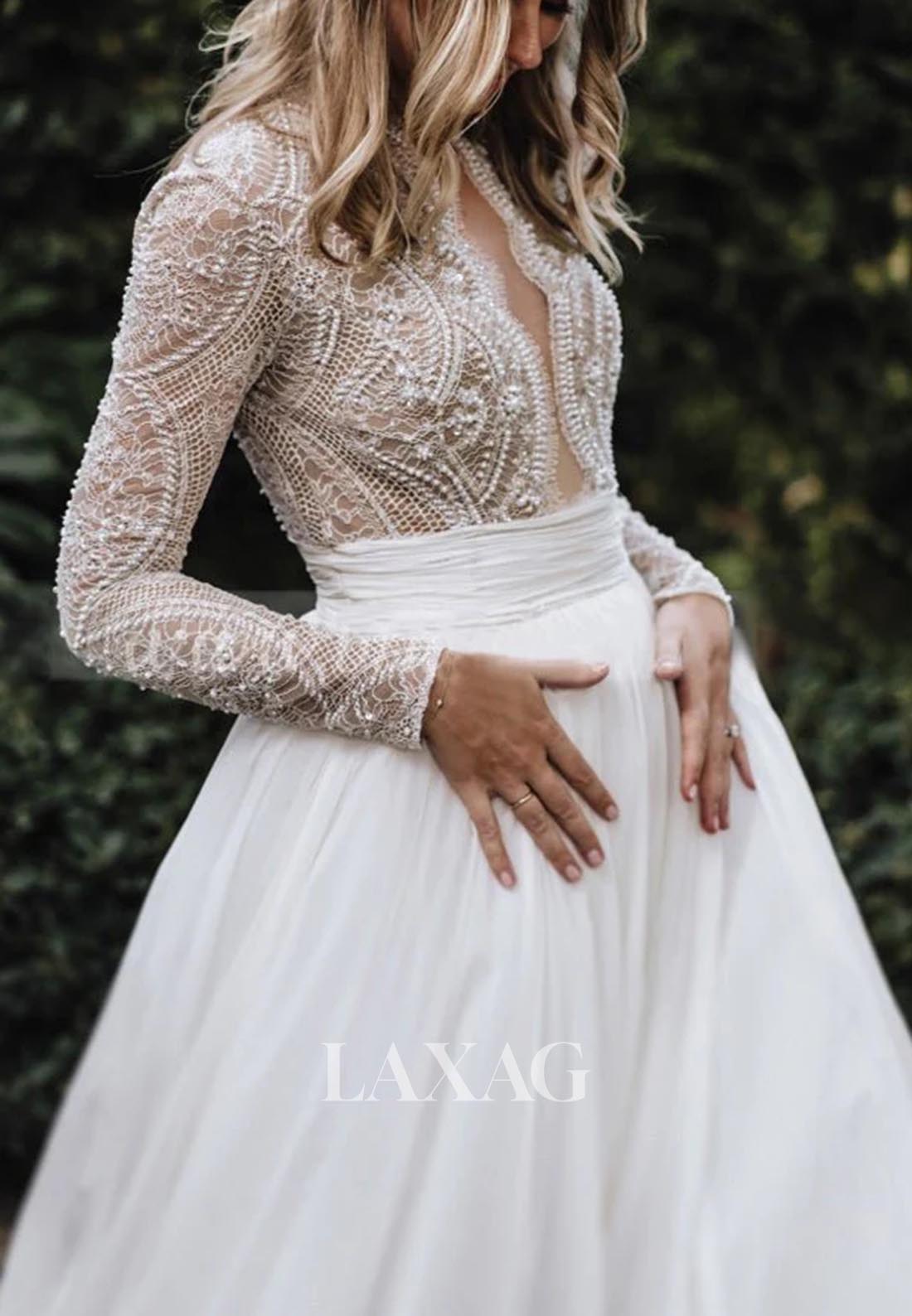 A-Line Lace Applique Beaded Wedding Dress Long-Sleeves Pleated Sheer Bride Gowns with Tulle Train