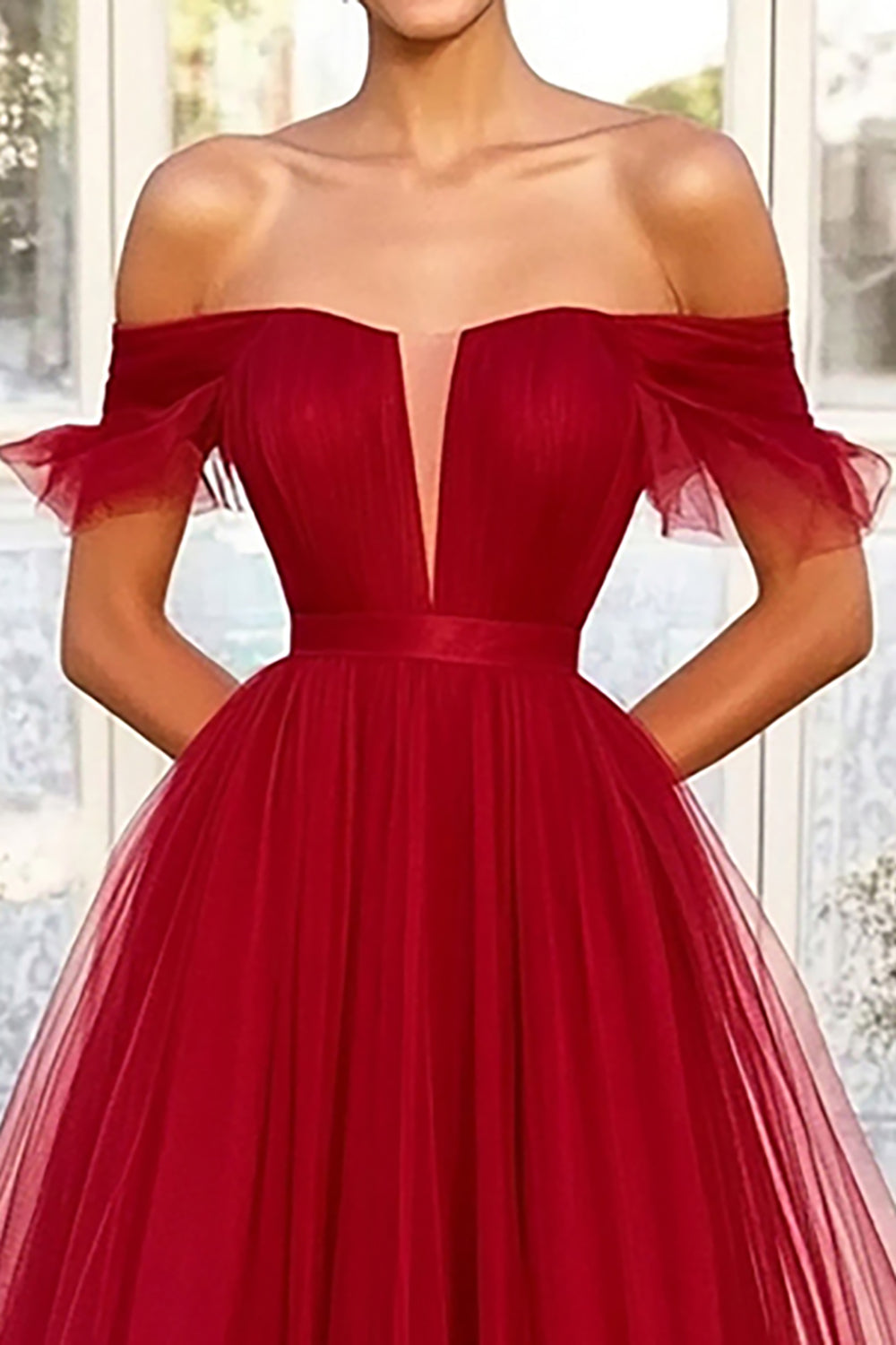 Red A-Line Off the Shoulder Tulle Prom Dress