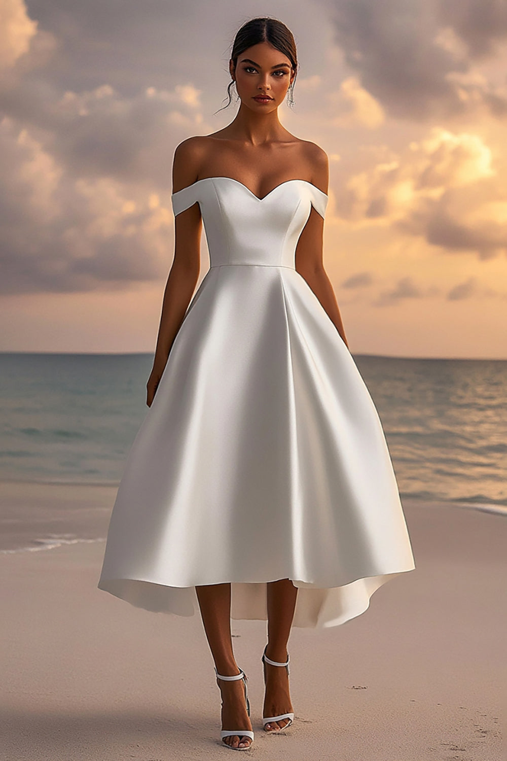 Satin Off The Shoulder Tea Length White Wedding Dress