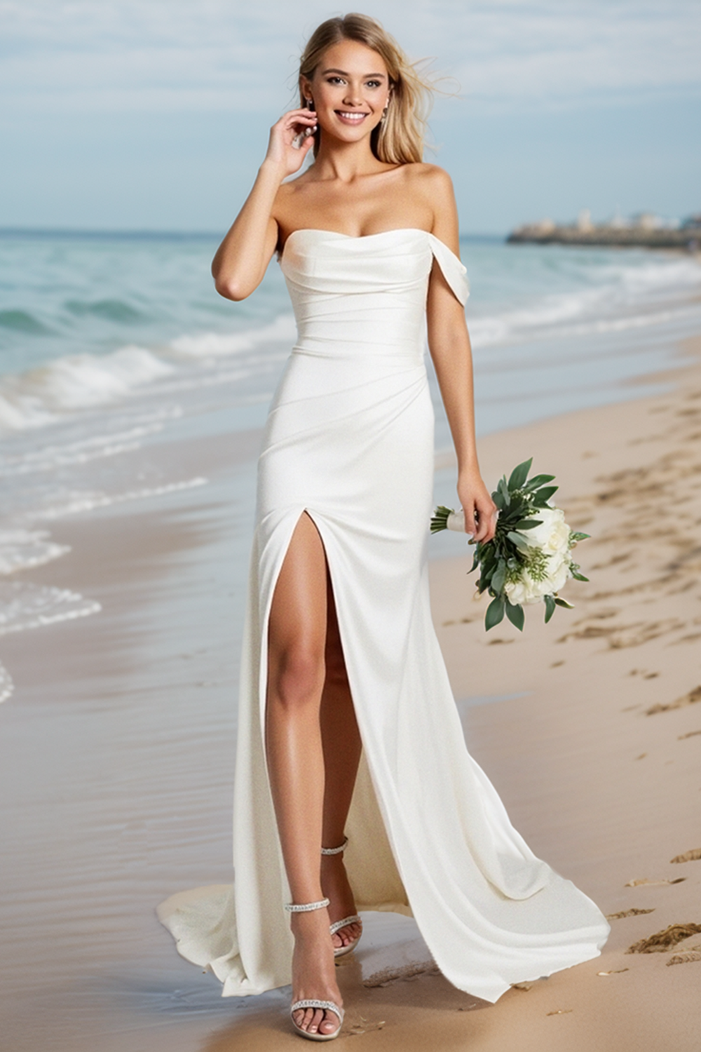 White Mermaid One Shoulder Wedding Dress with Slit