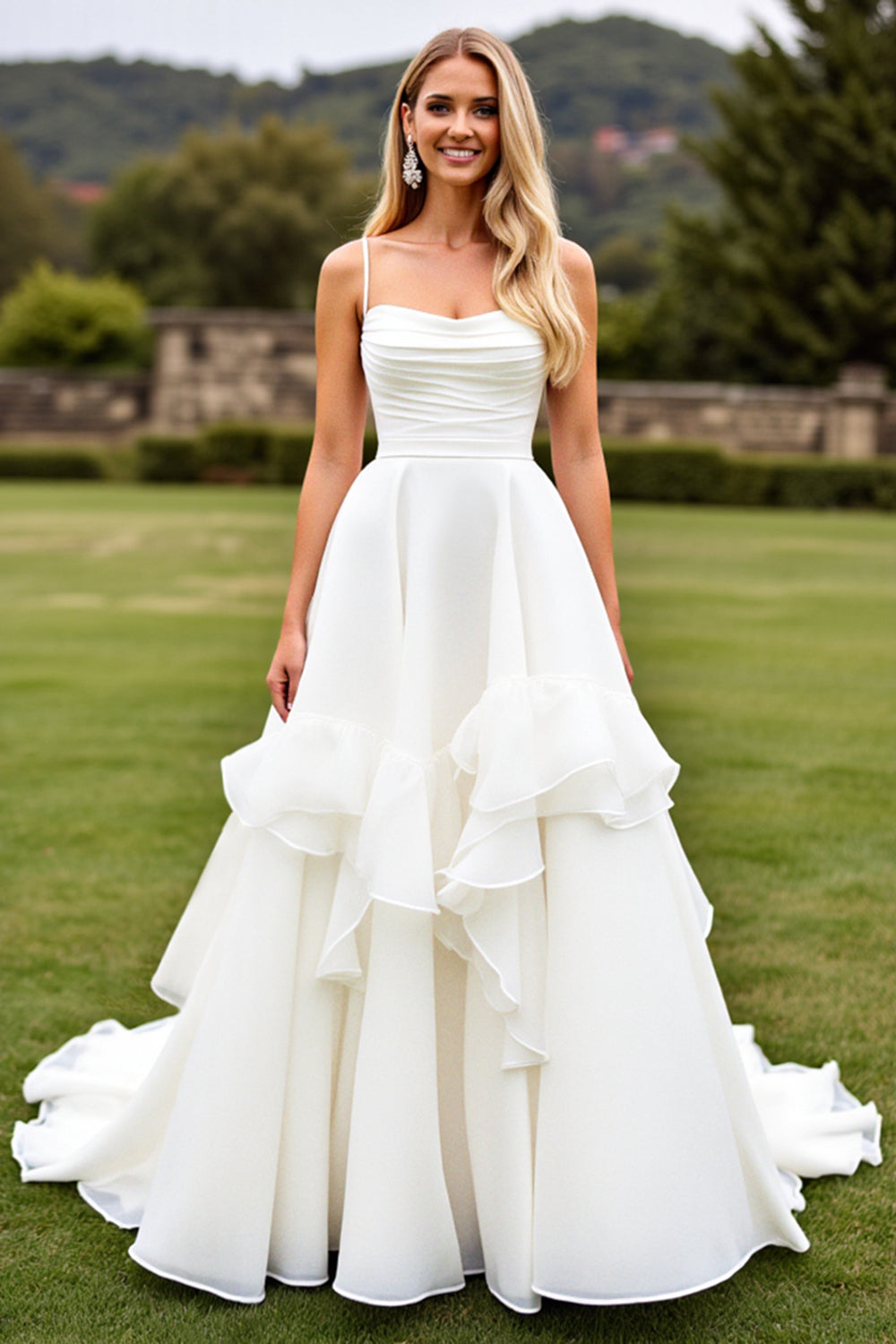 Ruffled A Line Ivory Sleeveless Long Wedding Dress