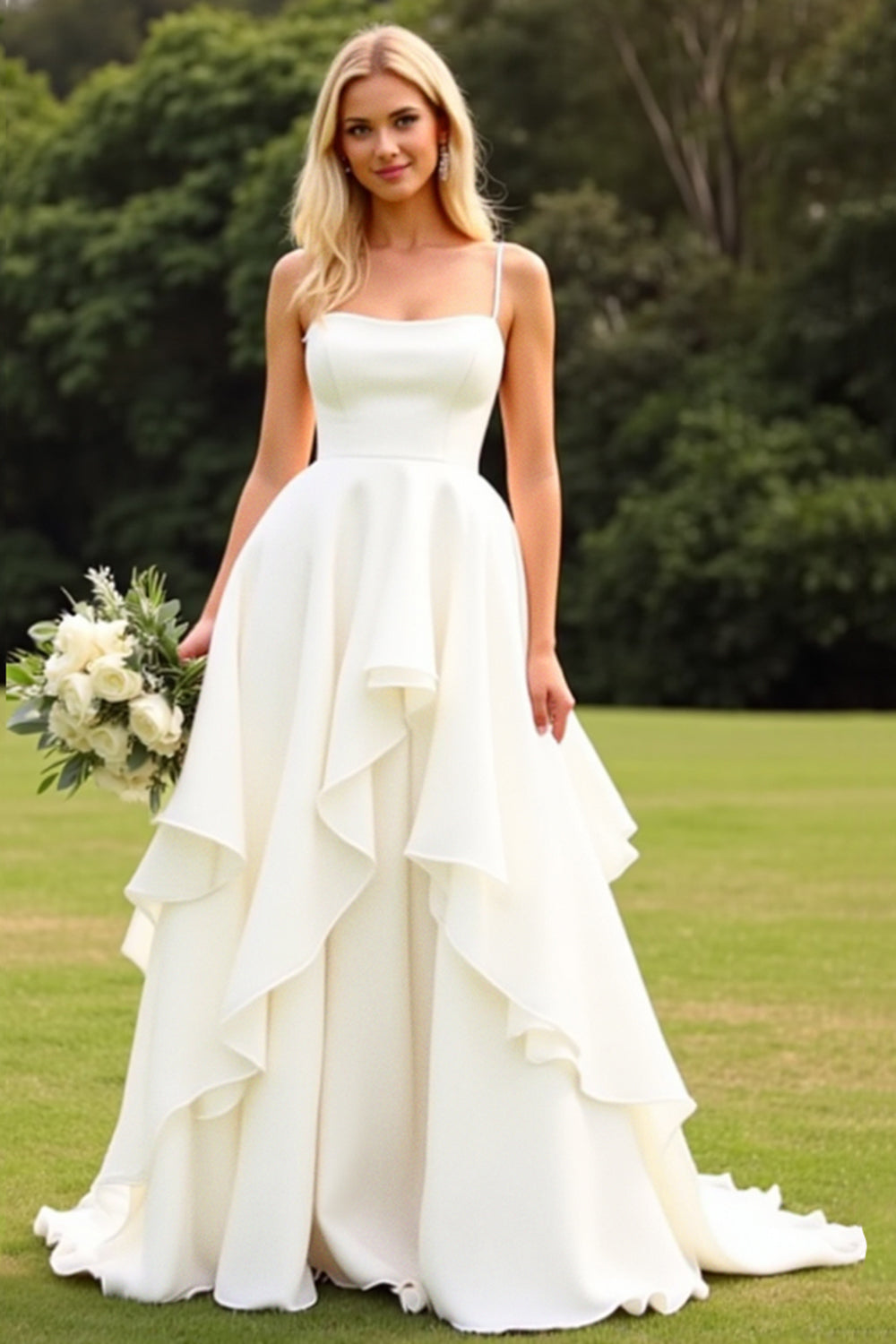 A Line Ruffled Ivory Spaghetti Straps Wedding Dress