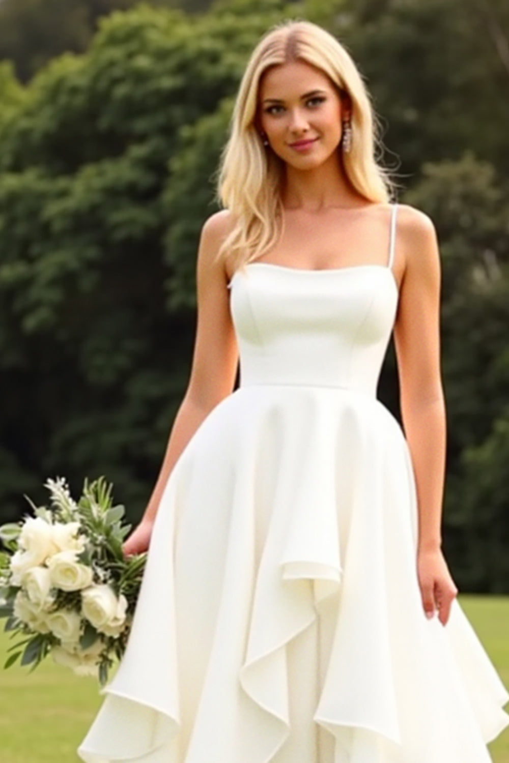 A Line Ruffled Ivory Spaghetti Straps Wedding Dress