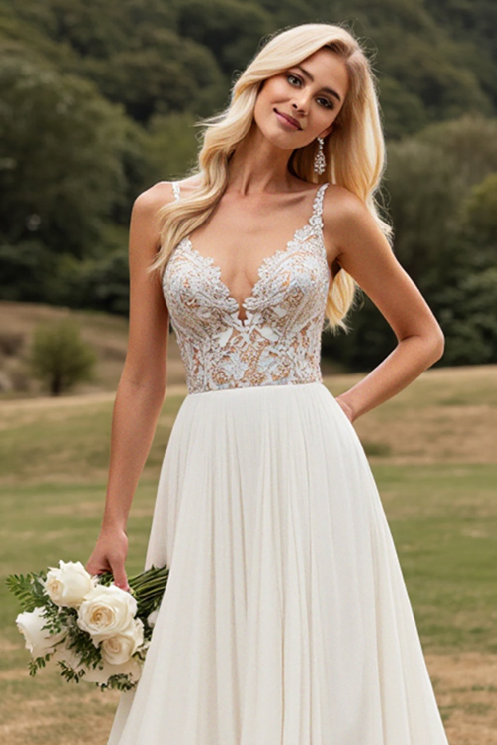 Ivory A Line Chiffon Lace Long Wedding Dress With Slit