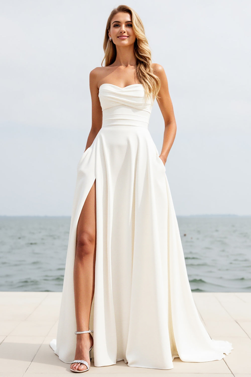 Ivory Strapless A Line Chiffon Beach Wedding Dress With Slit