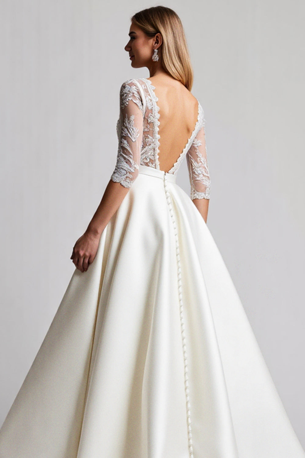 A Line Half Sleeves lvory Lace Long Wedding Dress