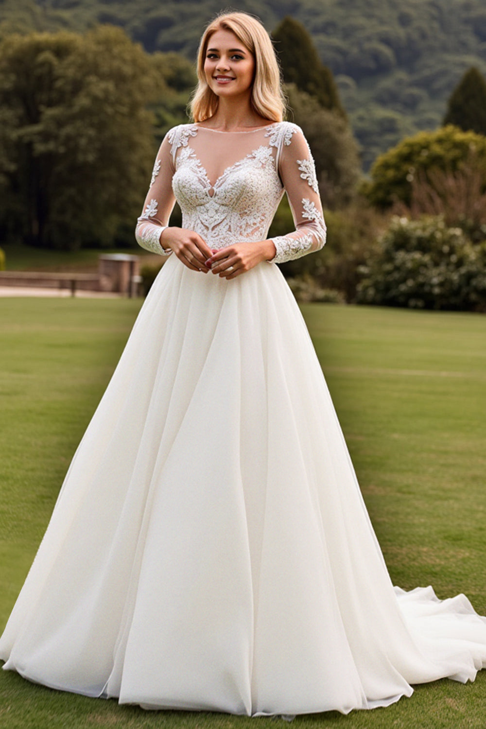 A Line Appliqued Long Sleeves lvory Wedding Dress