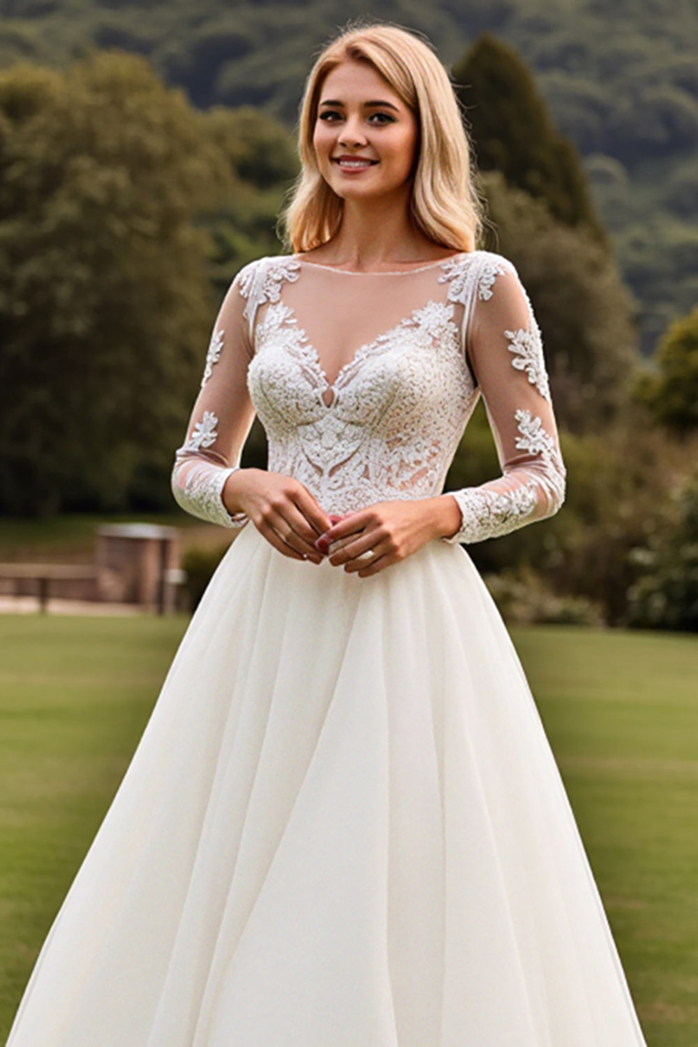 A Line Appliqued Long Sleeves lvory Wedding Dress