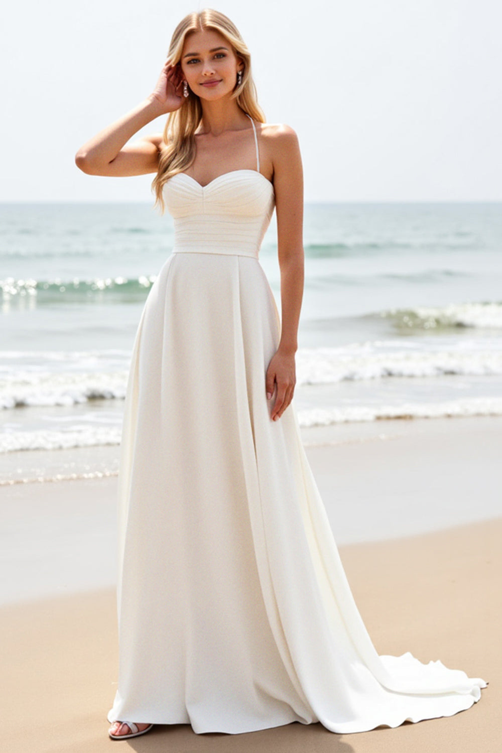 Simple White A-Line Spaghetti Straps Satin Long Bridal Dress